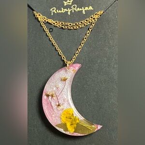 Pink Crescent Moon Necklace/ Resin/ Handmade/ Real Pressed Flowers